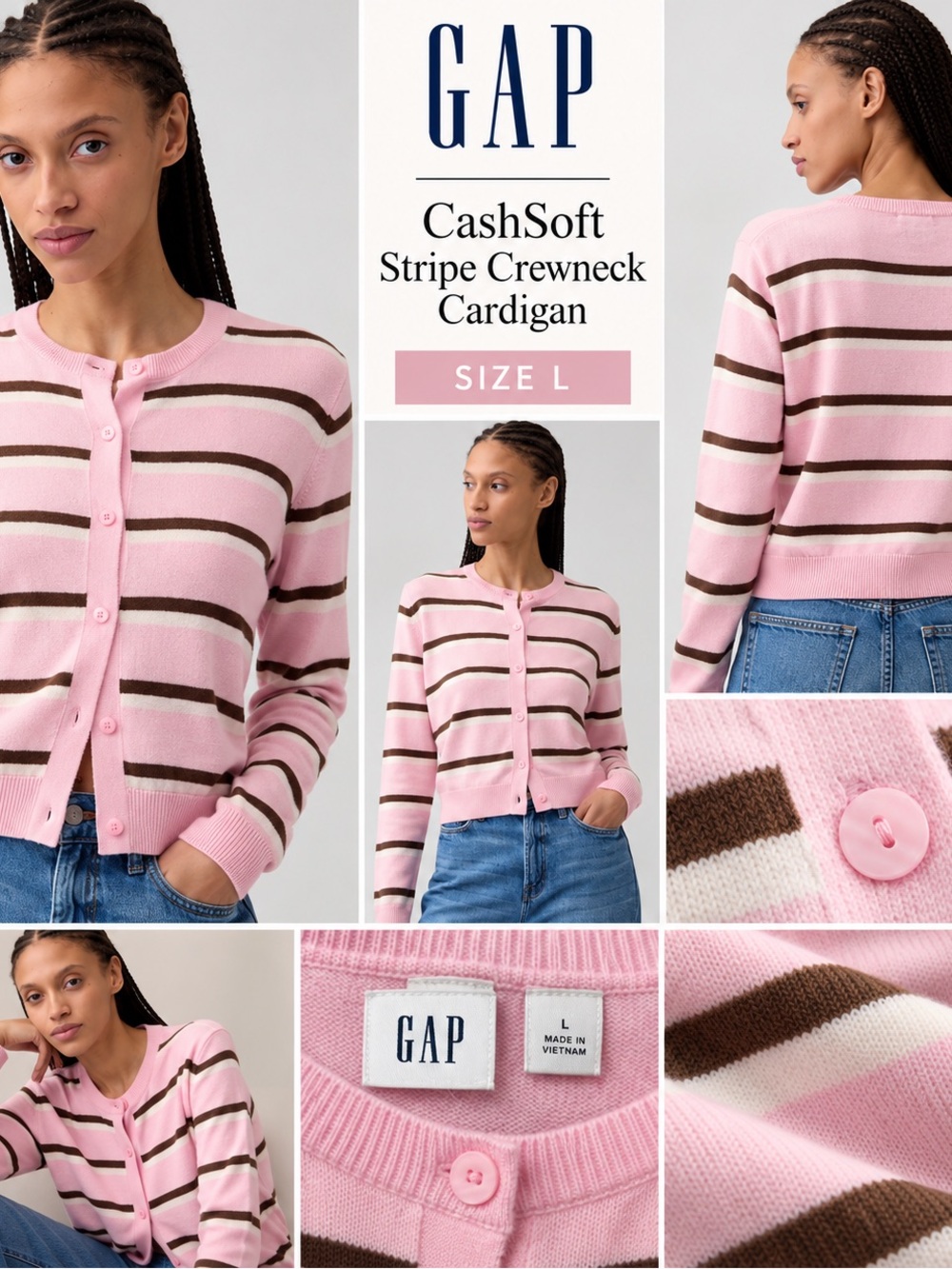 GAP Cash Soft Pink Stripe Crewneck Cardigan with Brown & Cream Stripes